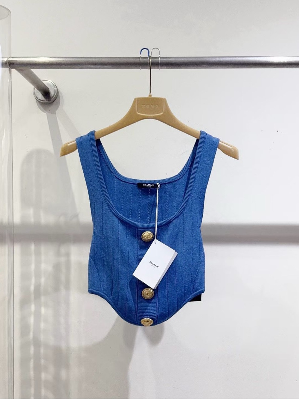 Balmain Blue Ribbed Button-Front Tank Top